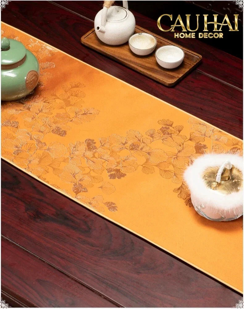 Tết Couture - Khăn Trải Bàn Kim Diệp Hoàng Ngân 2m4 Luxury Embroidered Silk Table Runner-CẬU HAI HOME DECOR