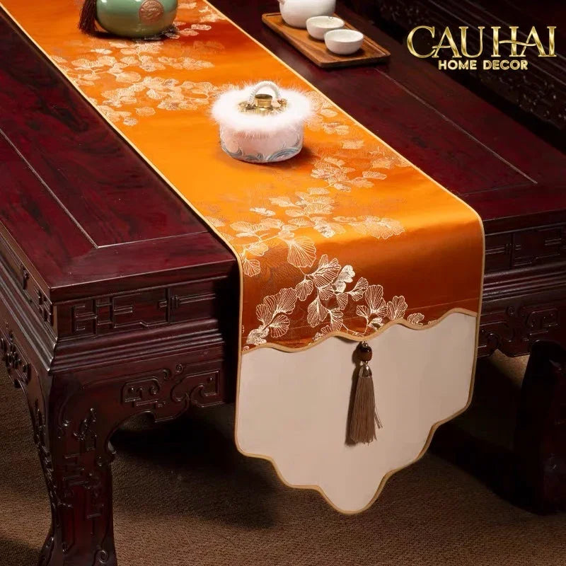 Tết Couture - Khăn Trải Bàn Kim Diệp Hoàng Ngân 2m4 Luxury Embroidered Silk Table Runner-KHĂN TRẢI BÀN-Đối tác tại Trung Quốc theo từng đơn đặt hàng-CẬU HAI HOME DECOR