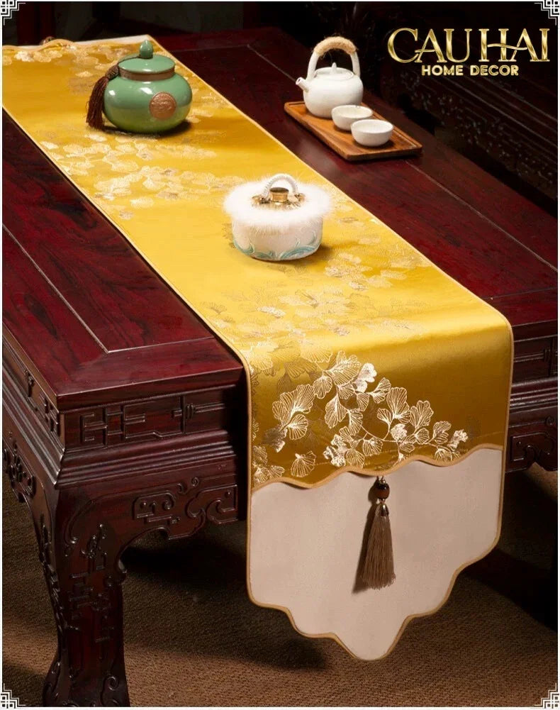 Tết Couture - Khăn Trải Bàn Kim Diệp Hoàng Ngân 2m4 Luxury Embroidered Silk Table Runner-KHĂN TRẢI BÀN-Đối tác tại Trung Quốc theo từng đơn đặt hàng-CẬU HAI HOME DECOR