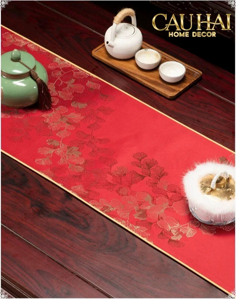 Tết Couture - Khăn Trải Bàn Kim Diệp Hoàng Ngân 2m4 Luxury Embroidered Silk Table Runner-KHĂN TRẢI BÀN-Đối tác tại Trung Quốc theo từng đơn đặt hàng-CẬU HAI HOME DECOR