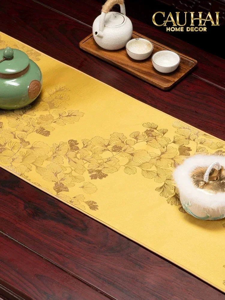 Tết Couture - Khăn Trải Bàn Kim Diệp Hoàng Ngân 2m4 Luxury Embroidered Silk Table Runner-KHĂN TRẢI BÀN-Đối tác tại Trung Quốc theo từng đơn đặt hàng-CẬU HAI HOME DECOR