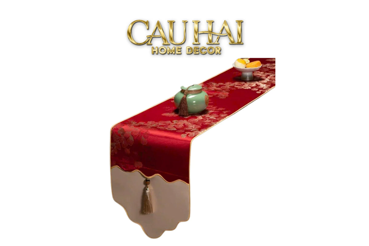 Tết Couture - Khăn Trải Bàn Kim Diệp Hoàng Ngân 2m4 Luxury Embroidered Silk Table Runner-KHĂN TRẢI BÀN-Đối tác tại Trung Quốc theo từng đơn đặt hàng-Chu Sa-CẬU HAI HOME DECOR