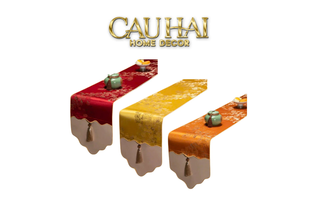 Tết Couture - Khăn Trải Bàn Kim Diệp Hoàng Ngân 2m4 Luxury Embroidered Silk Table Runner-KHĂN TRẢI BÀN-Đối tác tại Trung Quốc theo từng đơn đặt hàng-CẬU HAI HOME DECOR