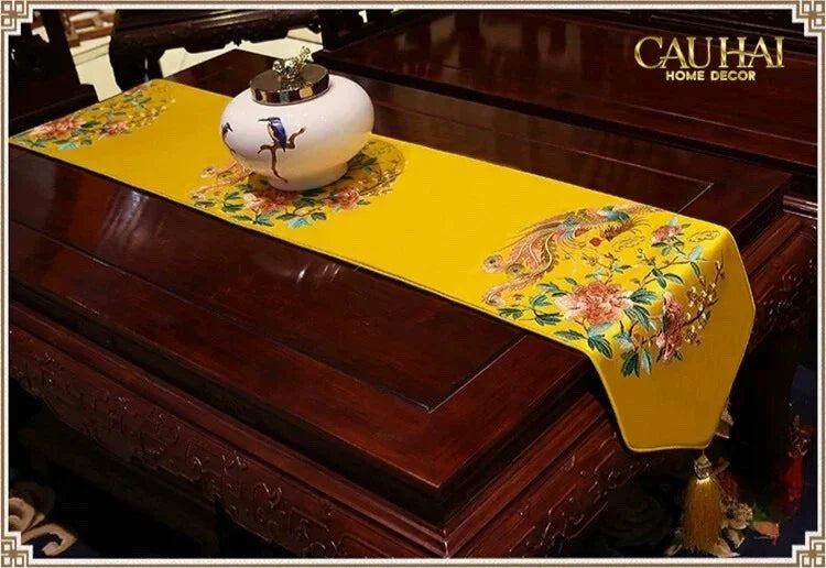 Tết Couture - Khăn Trải Bàn Kim Loan Tường Hoà 2m1x33 Luxury Embroidered Silk Table Runner-CẬU HAI HOME DECOR