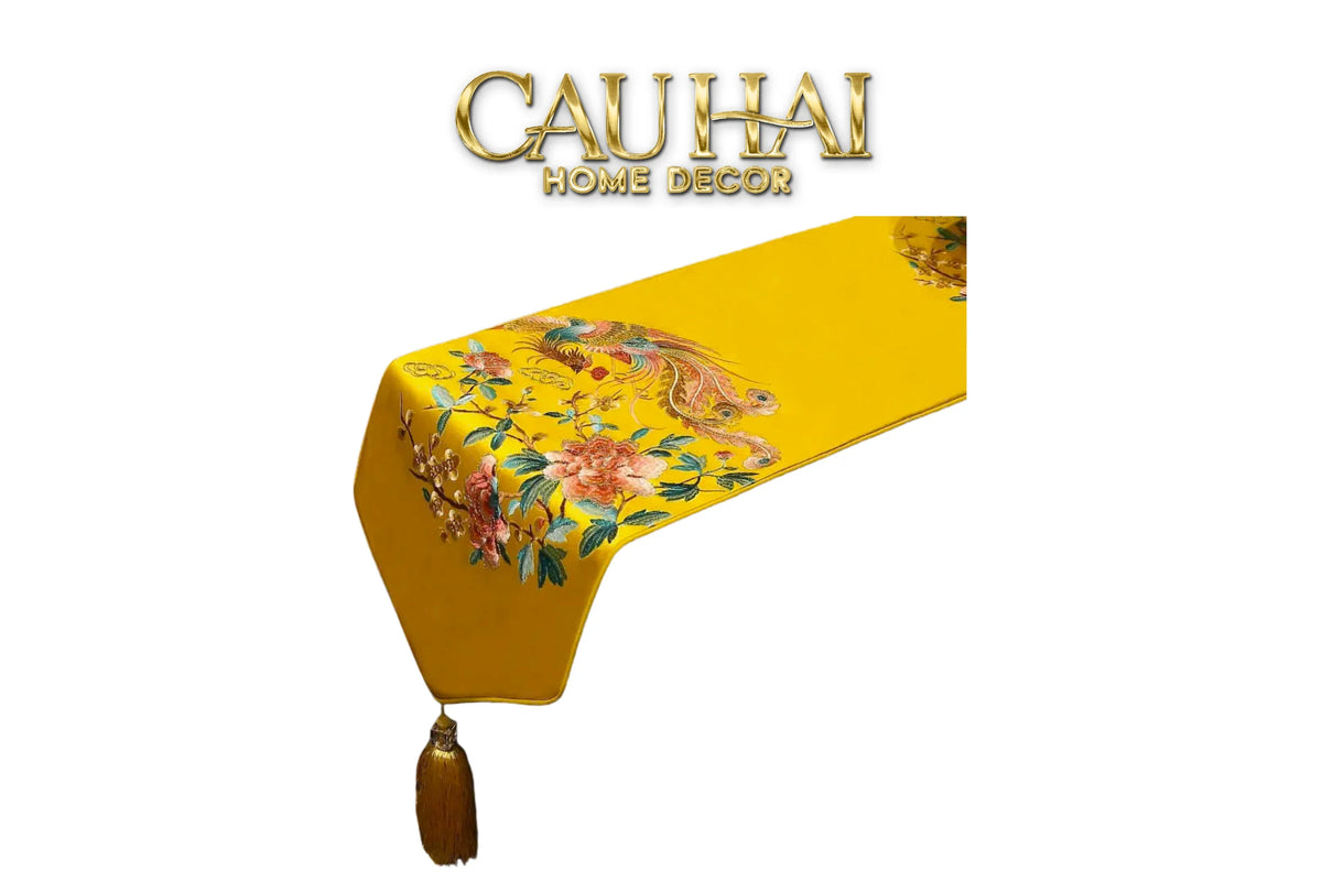 Tết Couture - Khăn Trải Bàn Kim Loan Tường Hoà 2m1x33 Luxury Embroidered Silk Table Runner-KHĂN TRẢI BÀN-Đối tác tại Trung Quốc theo từng đơn đặt hàng-CẬU HAI HOME DECOR