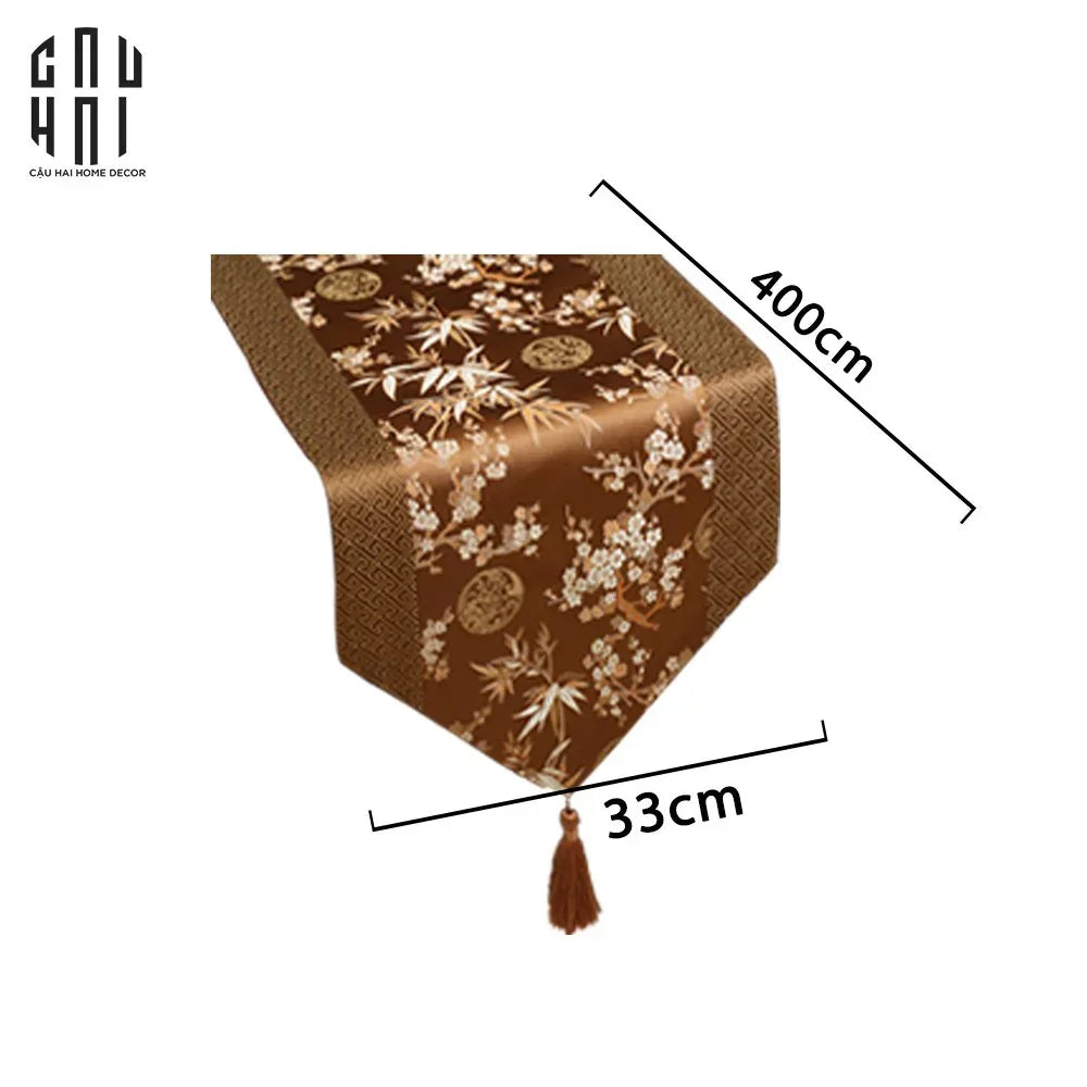 Tết Couture - Khăn Trải Bàn Lụa Satin Mai Lan Cúc Trúc Luxury Brocade Silk Table Runner 4M-CẬU HAI HOME DECOR
