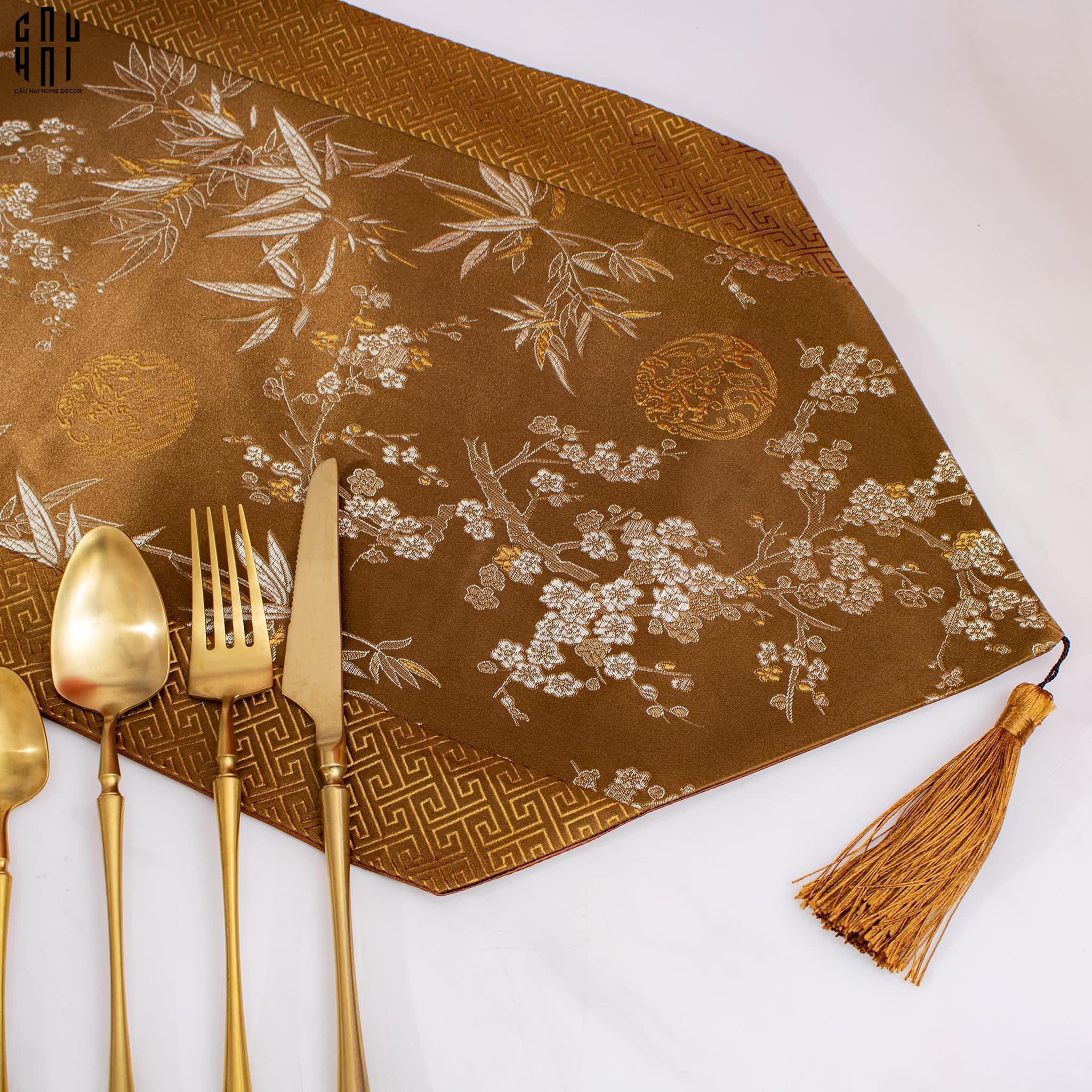 Tết Couture - Khăn Trải Bàn Lụa Satin Mai Lan Cúc Trúc Luxury Brocade Silk Table Runner 4M-CẬU HAI HOME DECOR