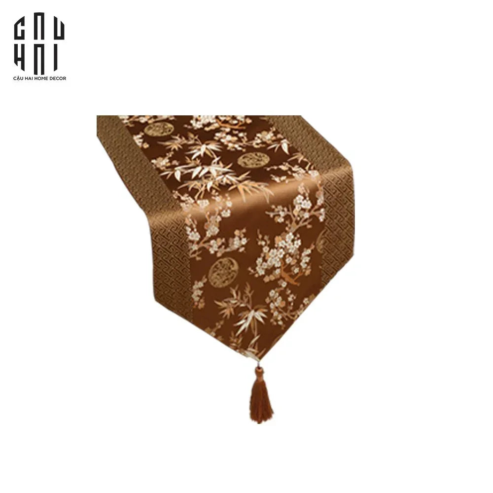 Tết Couture - Khăn Trải Bàn Lụa Satin Mai Lan Cúc Trúc Luxury Brocade Silk Table Runner 4M-CẬU HAI HOME DECOR