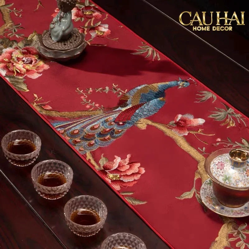 Tết Couture - Khăn Trải Bàn Lụa Thêu Chu Tước 2m4 Luxury Embroidered Silk Table Runner-CẬU HAI HOME DECOR
