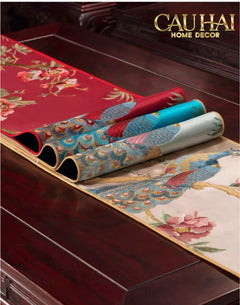 Tết Couture - Khăn Trải Bàn Lụa Thêu Chu Tước 2m4 Luxury Embroidered Silk Table Runner-CẬU HAI HOME DECOR