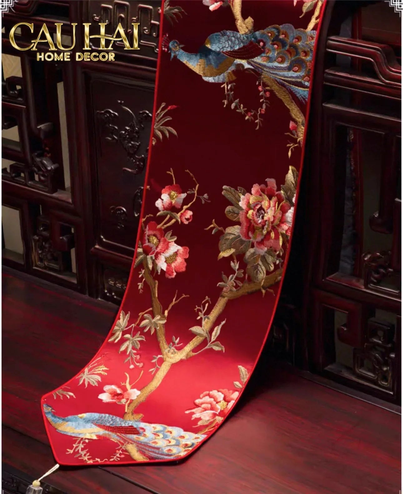 Tết Couture - Khăn Trải Bàn Lụa Thêu Chu Tước 2m4 Luxury Embroidered Silk Table Runner-CẬU HAI HOME DECOR