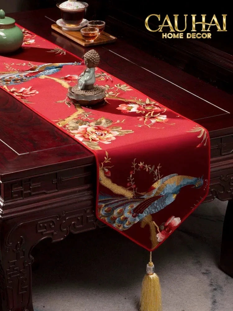 Tết Couture - Khăn Trải Bàn Lụa Thêu Chu Tước 2m4 Luxury Embroidered Silk Table Runner-KHĂN TRẢI BÀN-Đối tác tại Trung Quốc theo từng đơn đặt hàng-CẬU HAI HOME DECOR