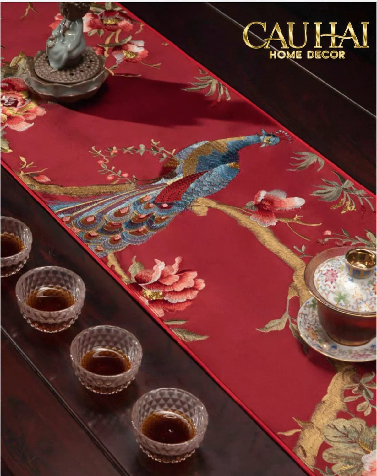 Tết Couture - Khăn Trải Bàn Lụa Thêu Chu Tước 2m4 Luxury Embroidered Silk Table Runner-KHĂN TRẢI BÀN-Đối tác tại Trung Quốc theo từng đơn đặt hàng-CẬU HAI HOME DECOR