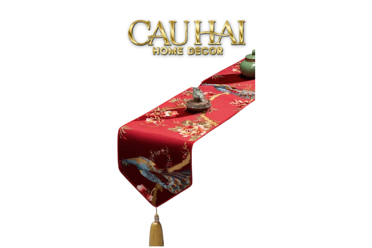 Tết Couture - Khăn Trải Bàn Lụa Thêu Chu Tước 2m4 Luxury Embroidered Silk Table Runner-KHĂN TRẢI BÀN-Đối tác tại Trung Quốc theo từng đơn đặt hàng-CẬU HAI HOME DECOR