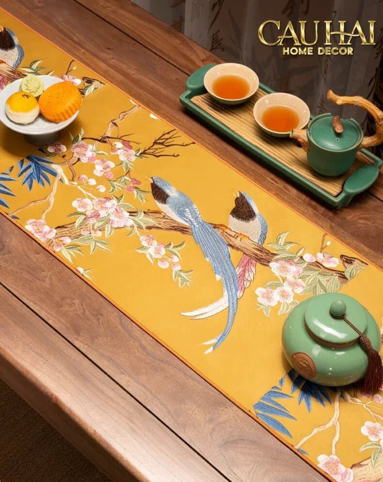 Tết Couture - Khăn Trải Bàn Lụa Thêu Kim Hoàng Điểu 2m4 Luxury Embroidered Silk Table Runner-CẬU HAI HOME DECOR