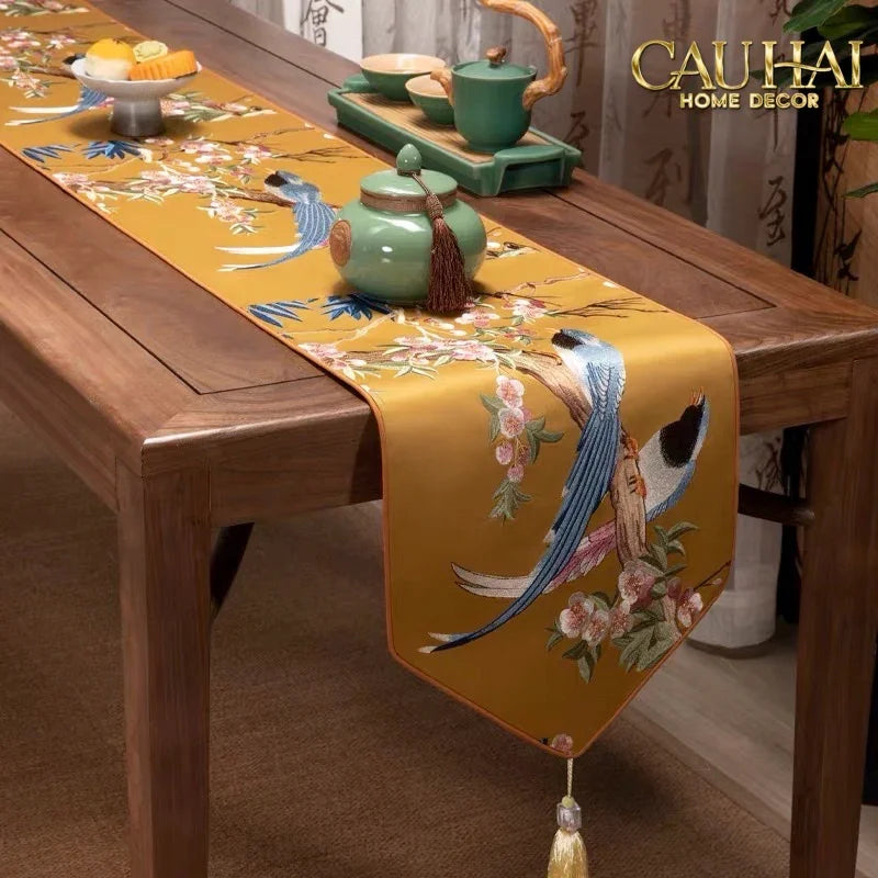 Tết Couture - Khăn Trải Bàn Lụa Thêu Kim Hoàng Điểu 2m4 Luxury Embroidered Silk Table Runner-KHĂN TRẢI BÀN-Đối tác tại Trung Quốc theo từng đơn đặt hàng-CẬU HAI HOME DECOR