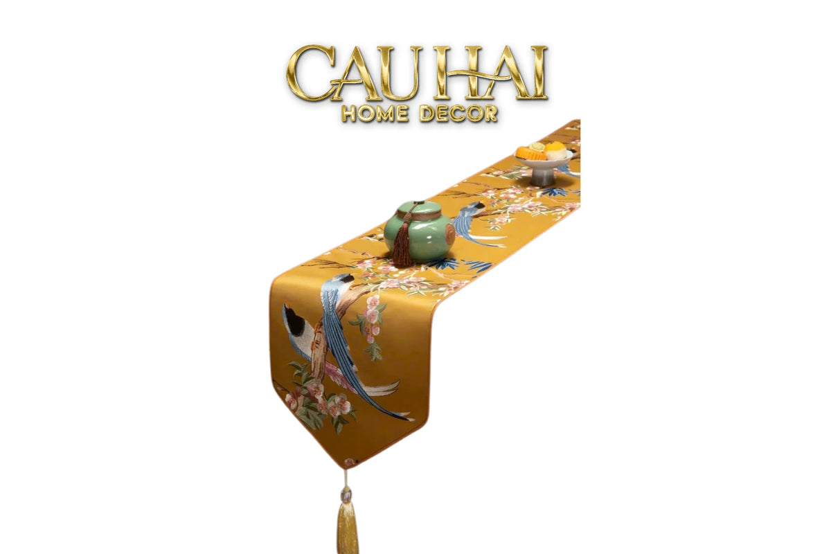 Tết Couture - Khăn Trải Bàn Lụa Thêu Kim Hoàng Điểu 2m4 Luxury Embroidered Silk Table Runner-KHĂN TRẢI BÀN-Đối tác tại Trung Quốc theo từng đơn đặt hàng-CẬU HAI HOME DECOR