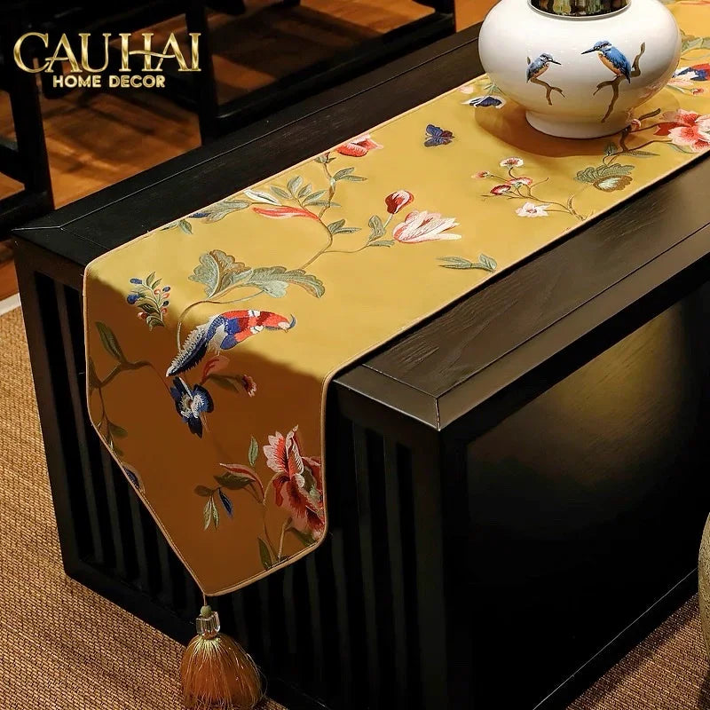 Tết Couture - Khăn Trải Bàn Lụa Thêu Kim Nhã Cầm 3M Luxury Embroidered Silk Table Runnerx-CẬU HAI HOME DECOR