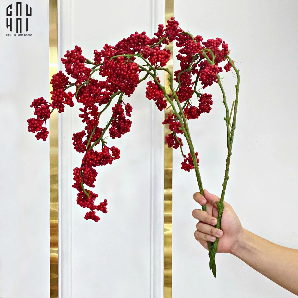 Tết Couture - Set 2 Cành Đào Đông Petite Grappe Rouge D’Hiver-Hoa Lụa-Đối tác tại Trung Quốc theo từng đơn đặt hàng-CẬU HAI HOME DECOR