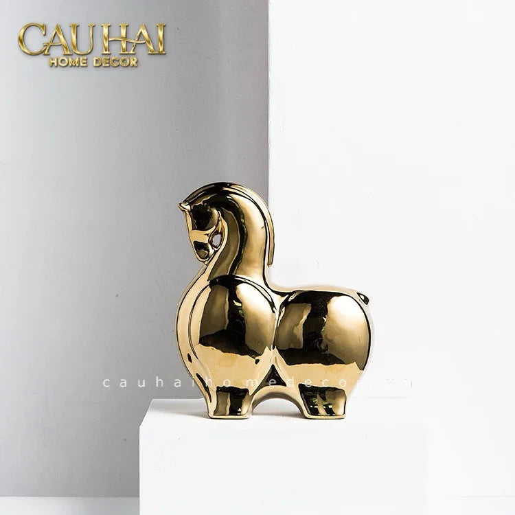Tết Couture - Set 2 Tượng Ngựa Sứ Tráng Men Mạ Vàng Golden Cheval de Fortune H22/25-CẬU HAI HOME DECOR