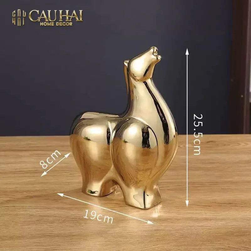 Tết Couture - Set 2 Tượng Ngựa Sứ Tráng Men Mạ Vàng Golden Cheval de Fortune H22/25-CẬU HAI HOME DECOR