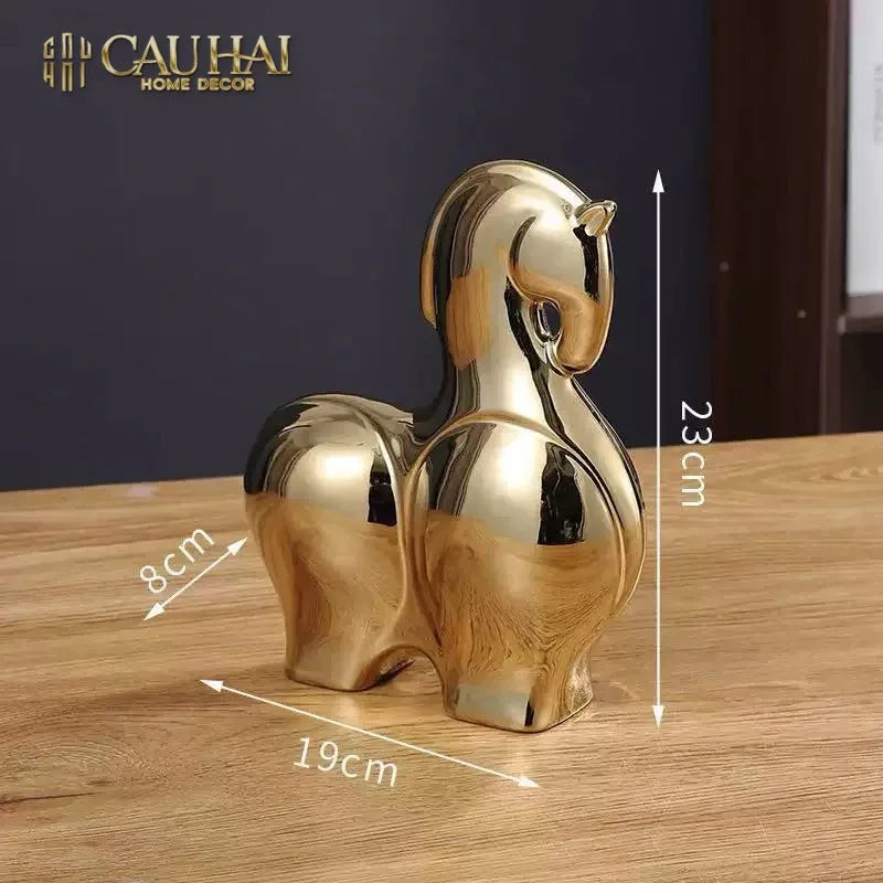 Tết Couture - Set 2 Tượng Ngựa Sứ Tráng Men Mạ Vàng Golden Cheval de Fortune H22/25-CẬU HAI HOME DECOR