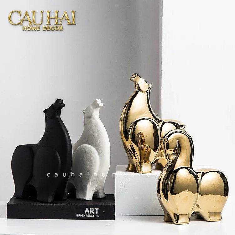 Tết Couture - Set 2 Tượng Ngựa Sứ Tráng Men Mạ Vàng Golden Cheval de Fortune H22/25-CẬU HAI HOME DECOR