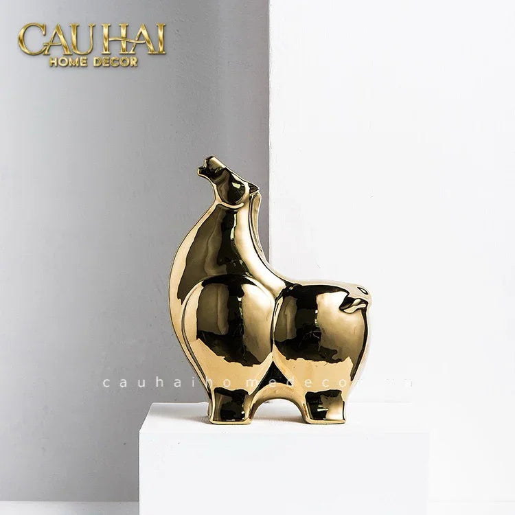 Tết Couture - Set 2 Tượng Ngựa Sứ Tráng Men Mạ Vàng Golden Cheval de Fortune H22/25-CẬU HAI HOME DECOR