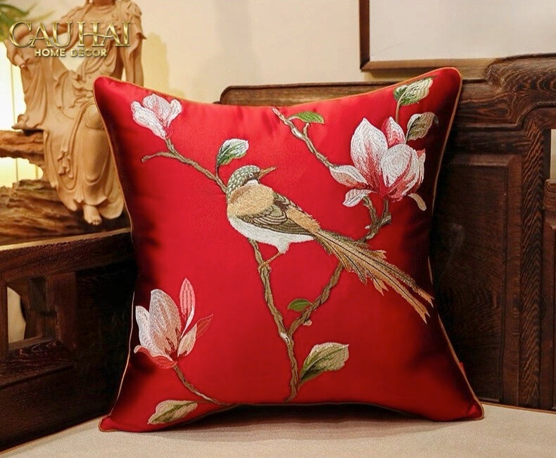 Tết Couture - Vỏ Gối Lụa Thêu Hỷ Tường Điểu 45 - CẬU HAI HOME DECOR