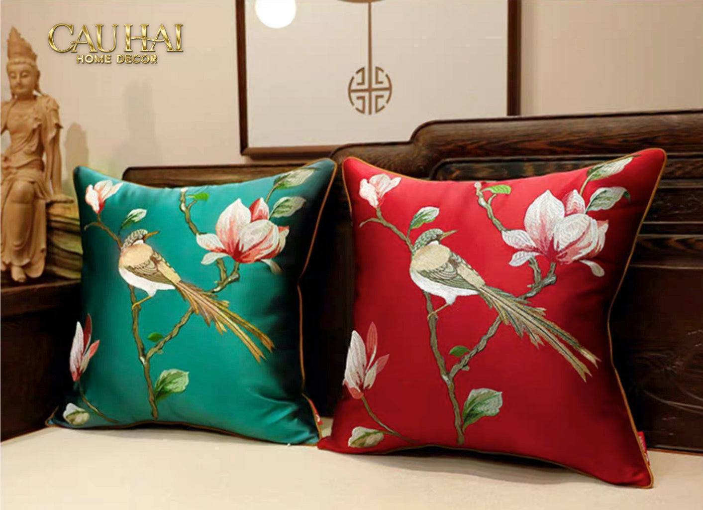 Tết Couture - Vỏ Gối Lụa Thêu Hỷ Tường Điểu 45 - CẬU HAI HOME DECOR