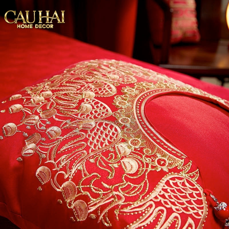 Tết Couture - Vỏ Gối Lụa Thêu - Impérial Phoenix Rouge Vermillon Empress 45 - CẬU HAI HOME DECOR
