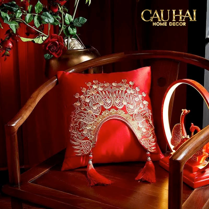 Tết Couture - Vỏ Gối Lụa Thêu - Impérial Phoenix Rouge Vermillon Empress 45 - CẬU HAI HOME DECOR