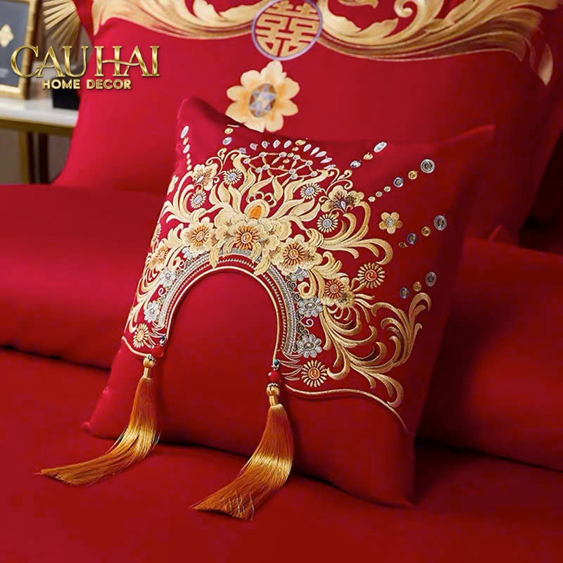 Tết Couture - Vỏ Gối Lụa Thêu - Impérial Phoenix Rouge Vermillon Empress 45 - CẬU HAI HOME DECOR