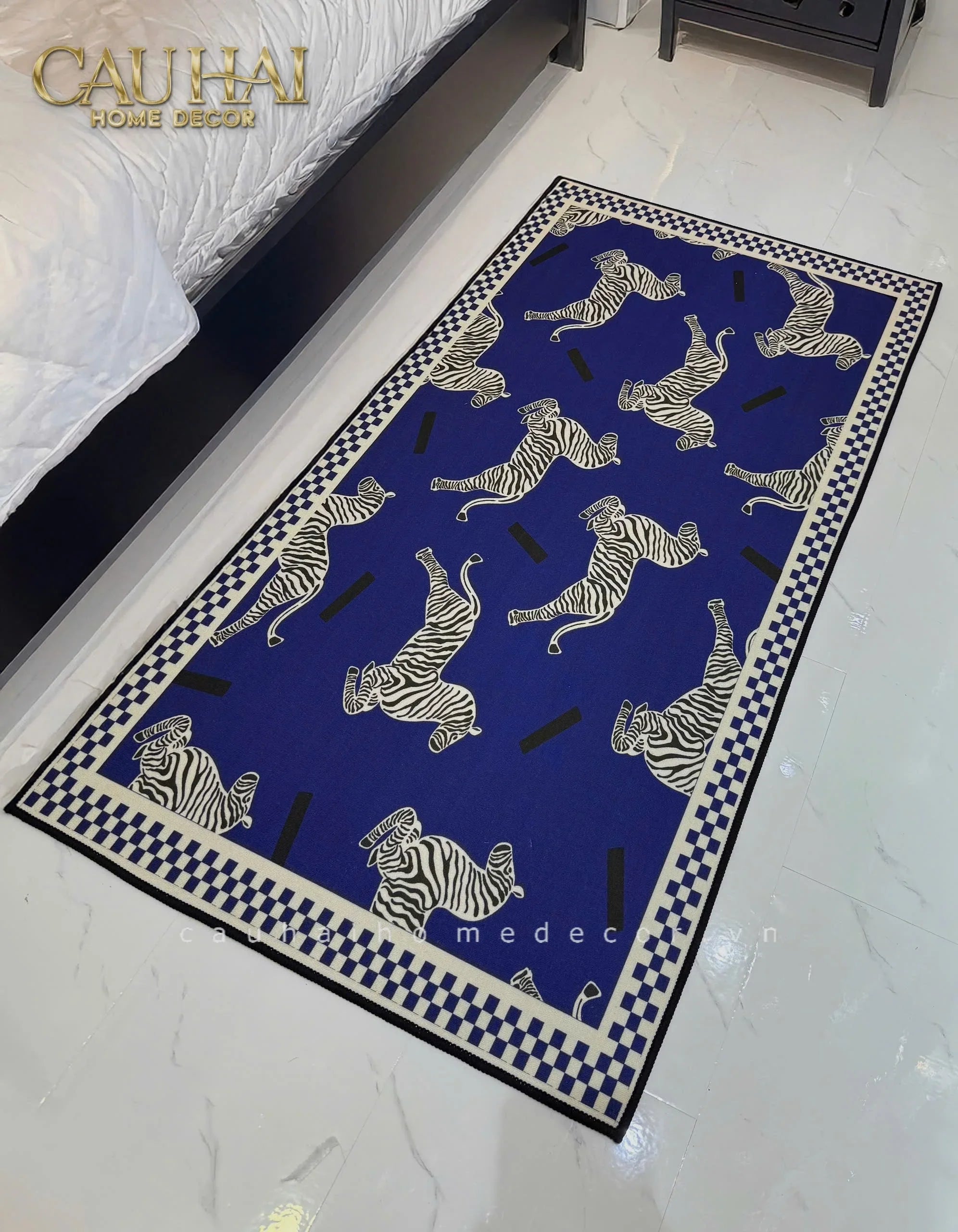 THẢM BED NHUNG BỈ 80X160 - ZEBRA DANCE - DARK NAVY - CẬU HAI HOME DECOR