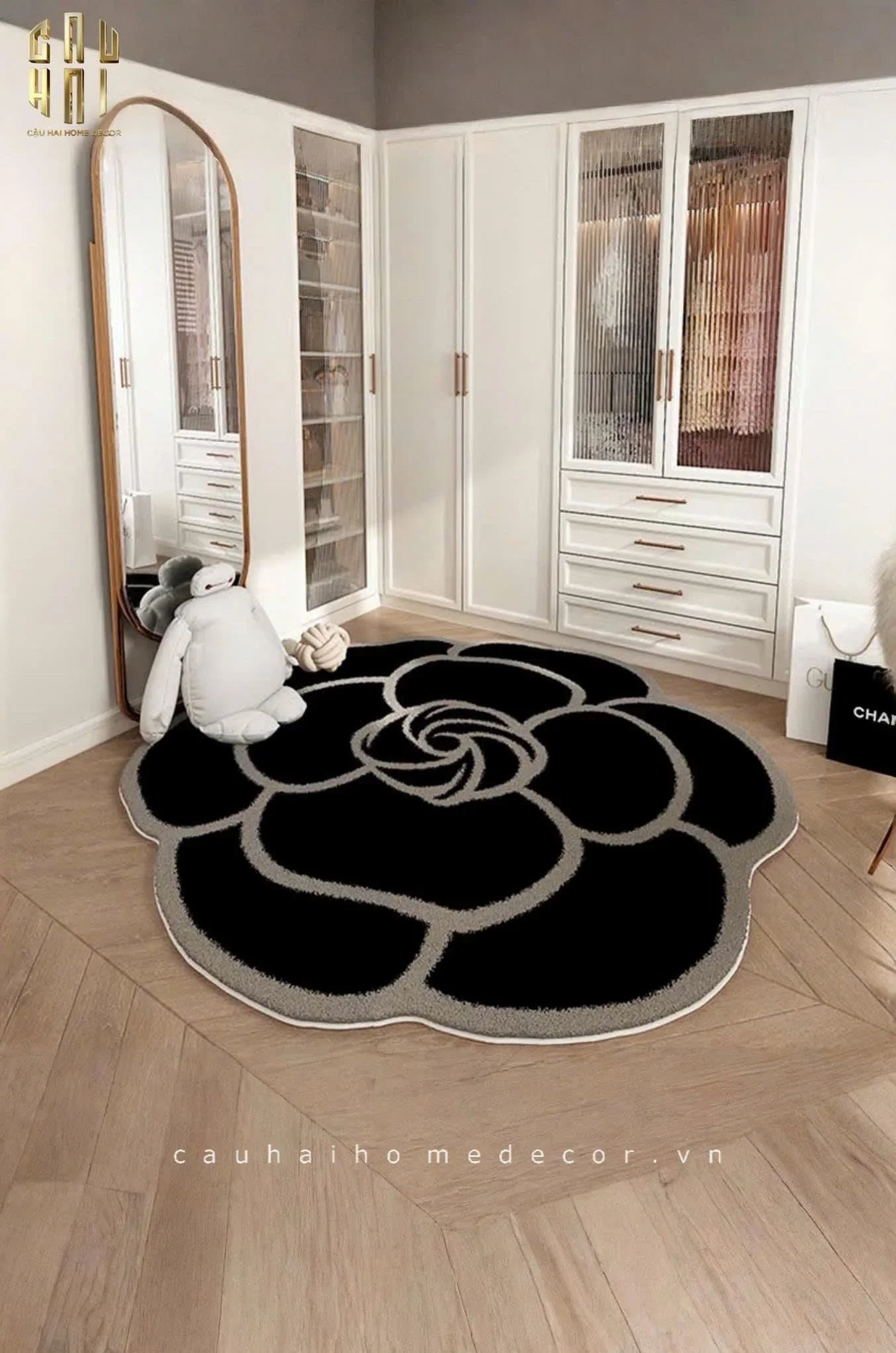 Thảm Bed Tròn Dệt Kim Hoa Trà Đen D100 Camélia Noir-CẬU HAI HOME DECOR