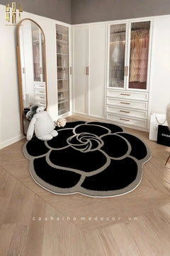 Thảm Bed Tròn Dệt Kim Hoa Trà Đen D100 Camélia Noir-CẬU HAI HOME DECOR