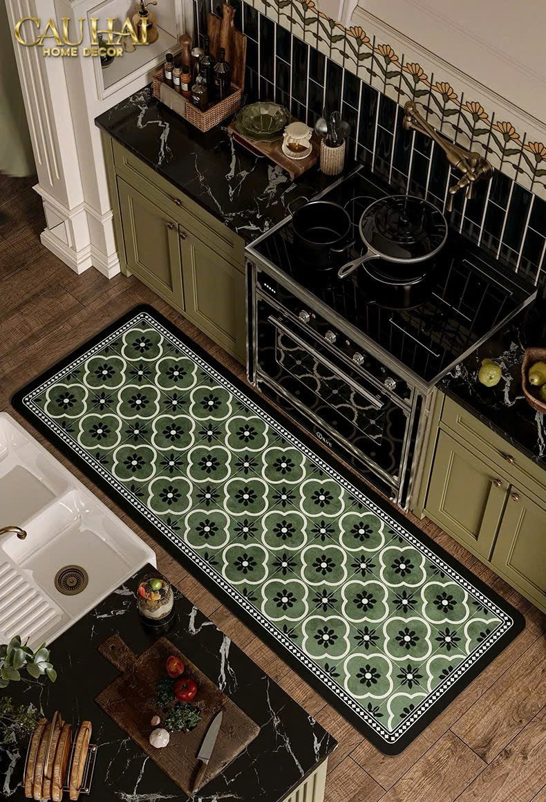 Thảm Bếp Microfiber Gen5 45X180 - Olive Green Petals - CẬU HAI HOME DECOR