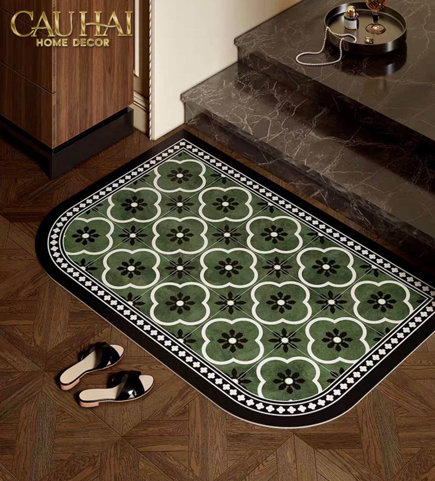 Thảm Cửa Da Cao Cấp - Water & Oil Repellent 60X90 - Olive Green Petals-CẬU HAI HOME DECOR