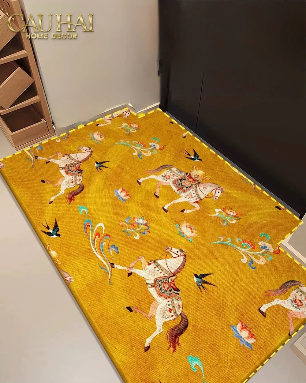 Thảm Cửa Nhung Bỉ 80x100 - Kim Mã Tam Bảo - Triptyque Fortune Chevaux-THẢM CỬA-CẬU HAI HOME DECOR-CẬU HAI HOME DECOR