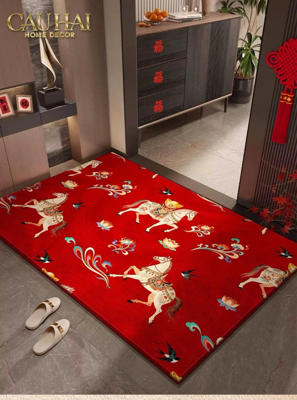 Thảm Cửa Nhung Bỉ 80x100 - Kim Mã Tam Bảo - Triptyque Fortune Chevaux-THẢM CỬA-CẬU HAI HOME DECOR-CẬU HAI HOME DECOR