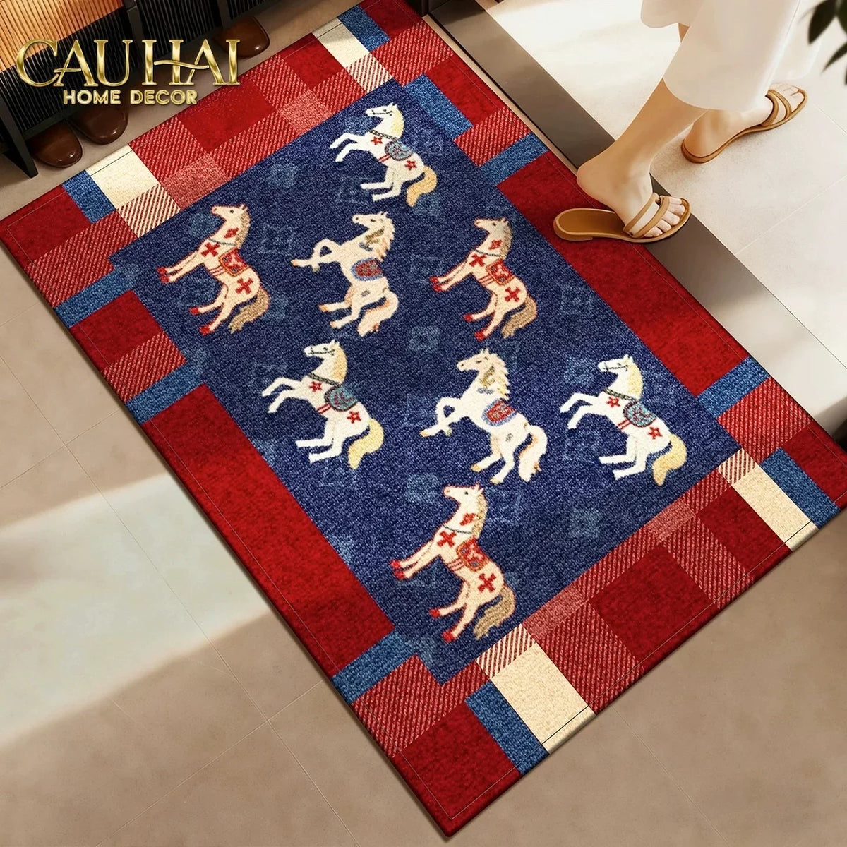 Thảm Cửa Sợi Dệt 80x120 Ngựa Hoàng Gia - Équestre Royale Bleu Fleur de Monogram-THẢM CỬA-Đối tác tại Trung Quốc theo từng đơn đặt hàng-CẬU HAI HOME DECOR