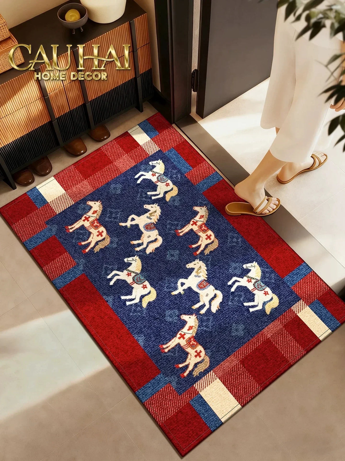 Thảm Cửa Sợi Dệt 80x120 Ngựa Hoàng Gia - Équestre Royale Bleu Fleur de Monogram-THẢM CỬA-Đối tác tại Trung Quốc theo từng đơn đặt hàng-CẬU HAI HOME DECOR