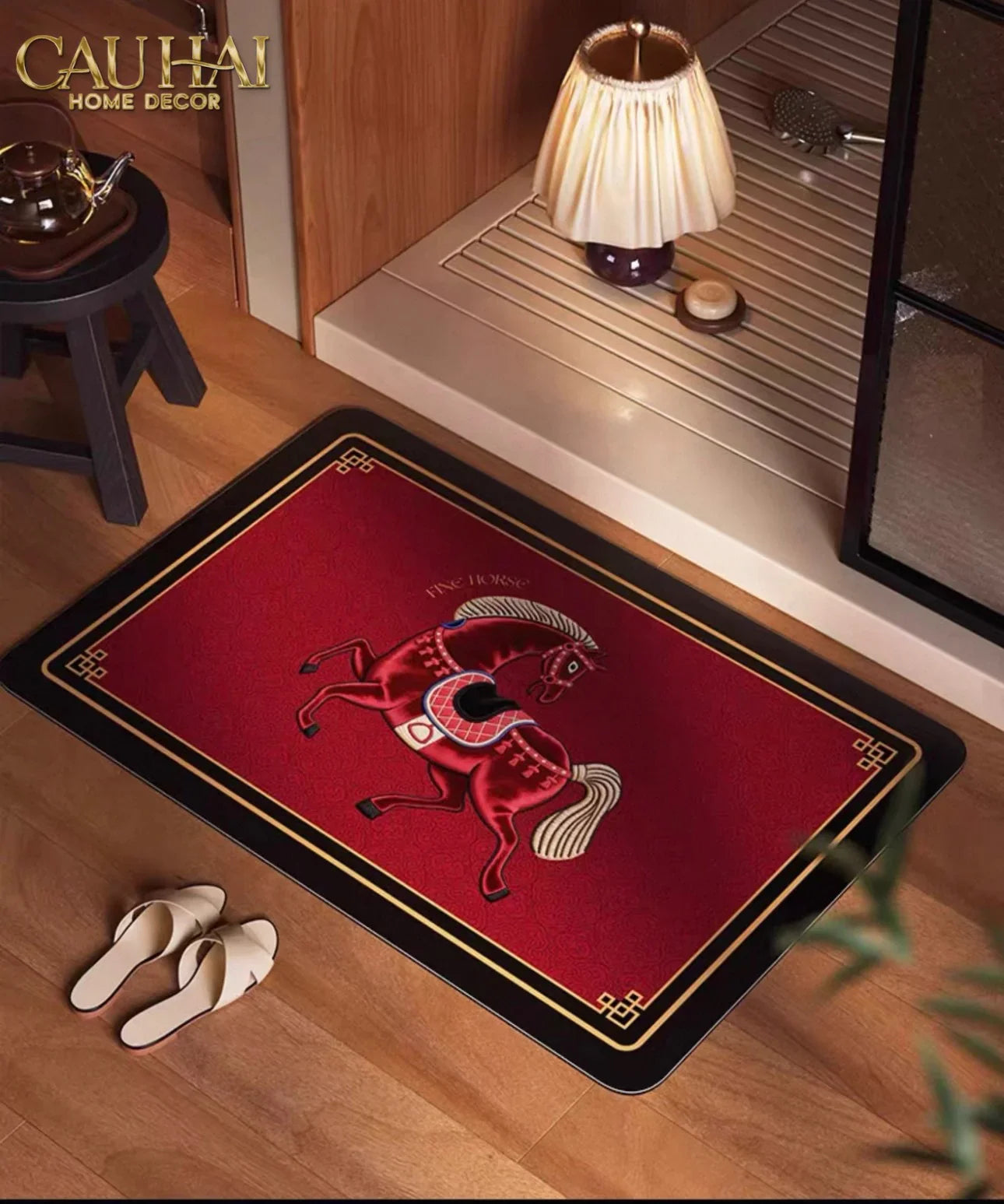Thảm Cửa / Thảm Bathroom Micro Nappa Gen8 55x90 - Impérial Équestre Embroidered Cheval - Ruby Rouge-CẬU HAI HOME DECOR