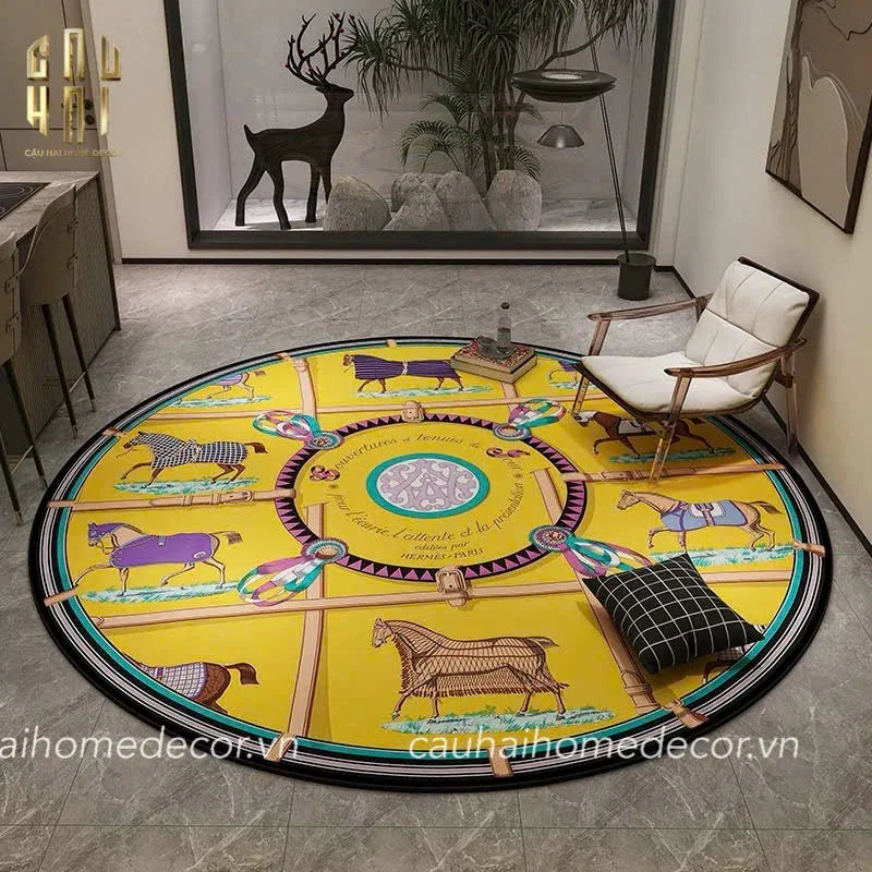 THẢM TRÒN NHUNG BỈ D100 - ROUND CARPET JAUNE BLEU RENAISSANCE - CẬU HAI HOME DECOR