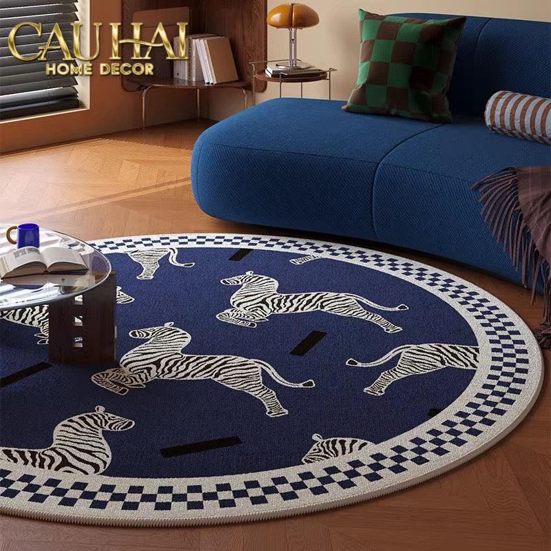 Thảm Tròn Nhung Bỉ - La Danse Du Zèbre - Bleu Indigo D140-CẬU HAI HOME DECOR