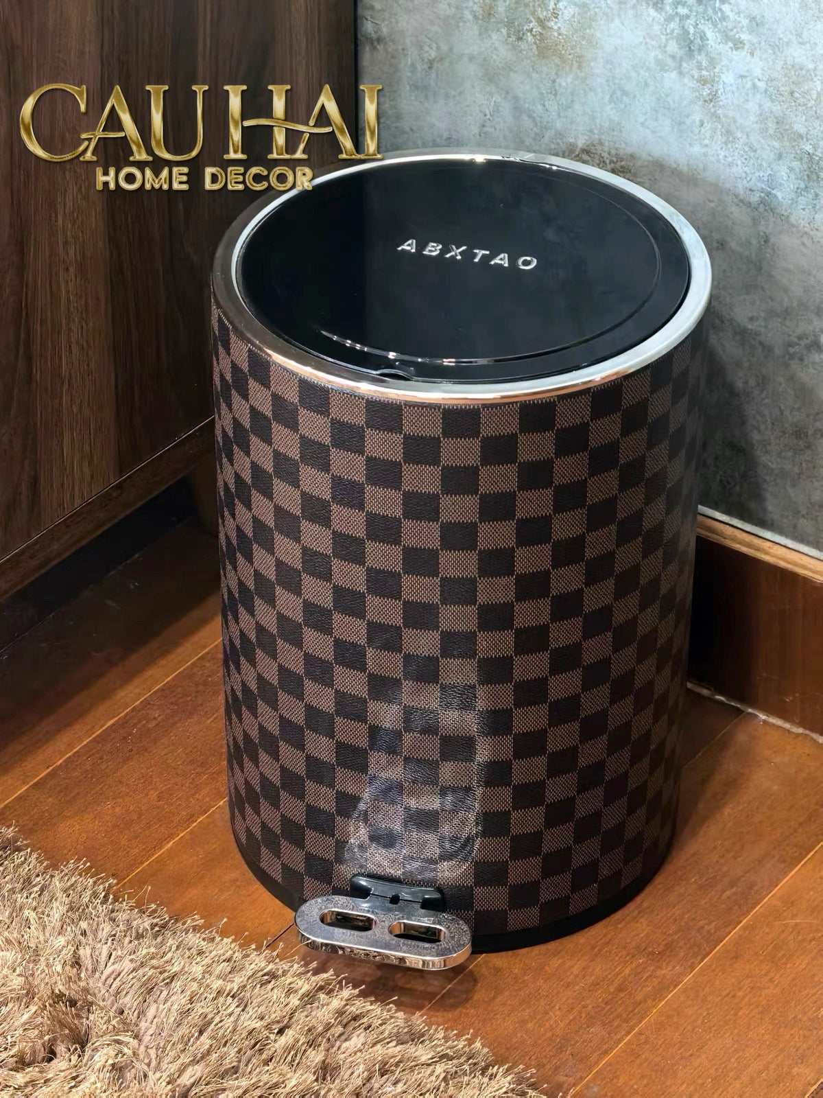 Thùng Rác Bọc Da Cao Cấp 15L - Damier Ebene L Class Trash Bin-CẬU HAI HOME DECOR-CẬU HAI HOME DECOR