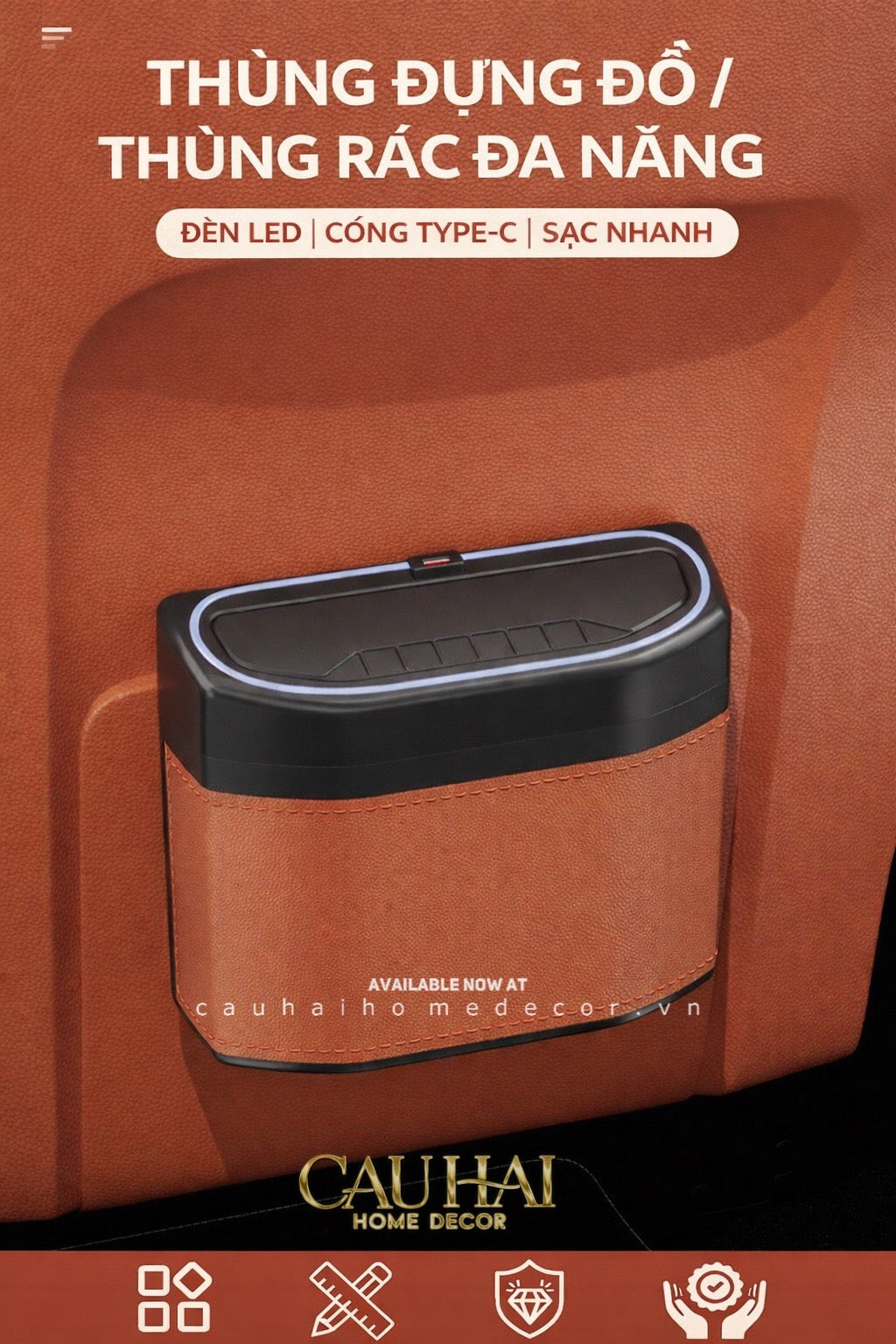 Thùng Rác Bọc Da Car Mini Bin - Cognac-CẬU HAI HOME DECOR