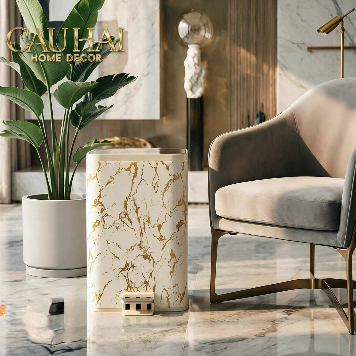Thùng Rác Bọc Da Đạp Chân Thép Marble Silencieux Ivory 25L-CẬU HAI HOME DECOR-CẬU HAI HOME DECOR