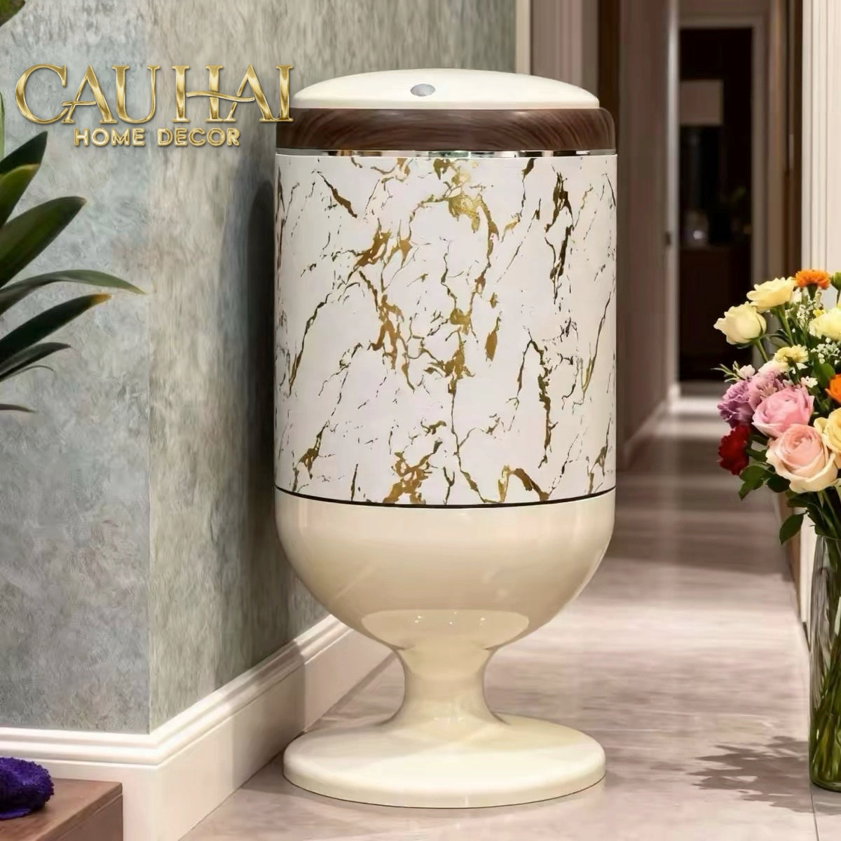 Thùng Rác Bọc Da Vân Đá Marble Pedestal Silencieux 20L-Thùng Rác-CẬU HAI HOME DECOR-CẬU HAI HOME DECOR