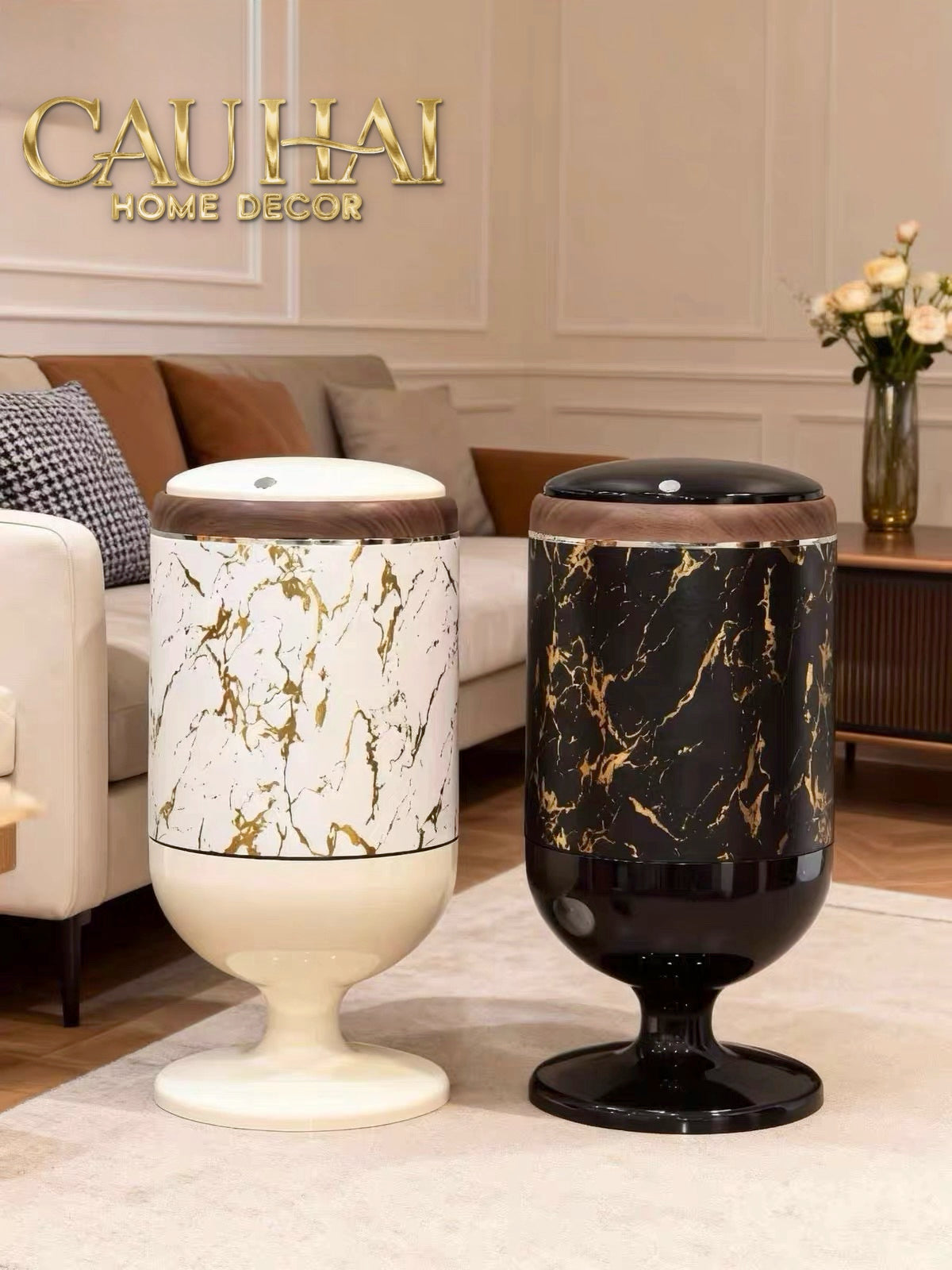 Thùng Rác Bọc Da Vân Đá Marble Pedestal Silencieux 20L-Thùng Rác-CẬU HAI HOME DECOR-CẬU HAI HOME DECOR